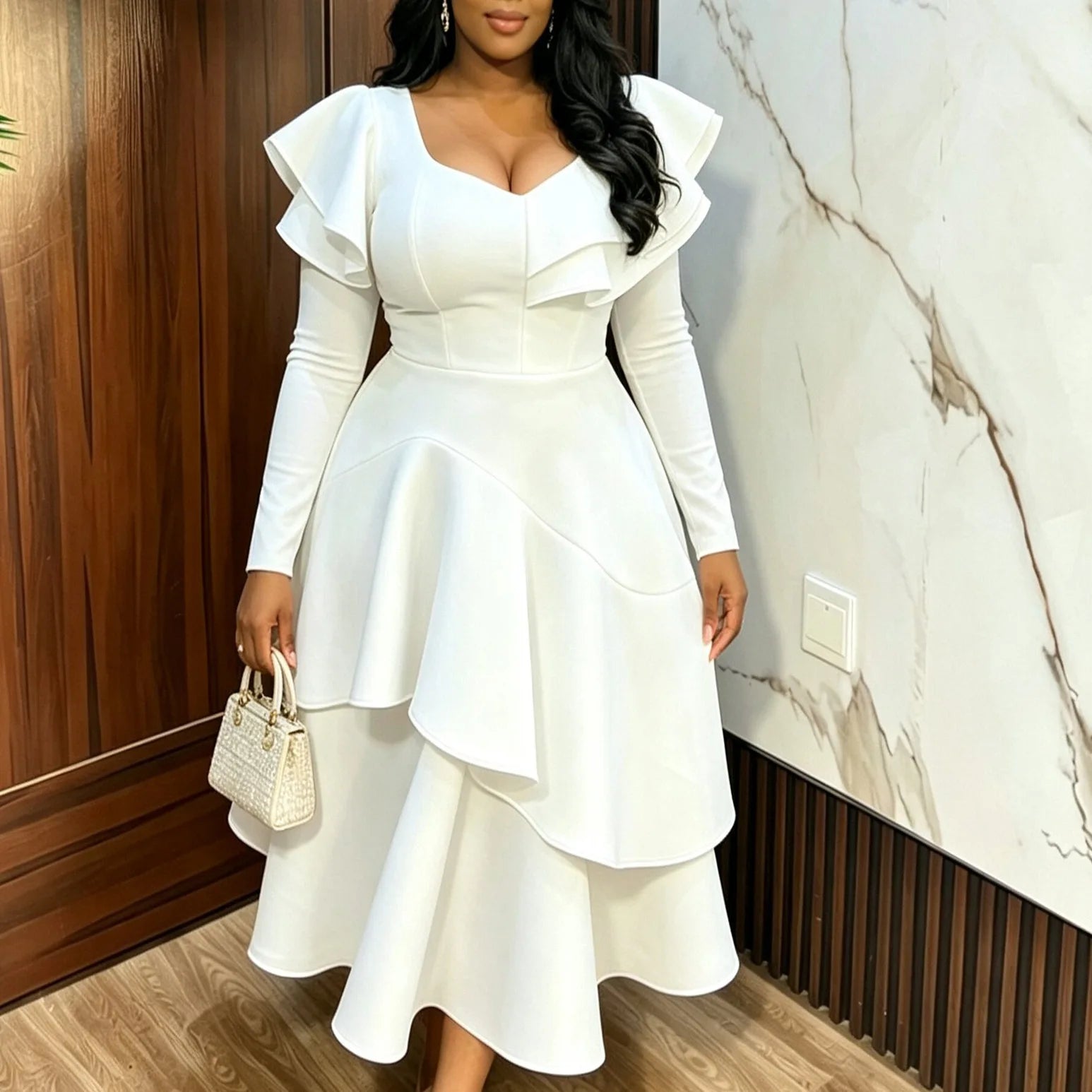 Women White Ruffle Bodycon Dress Sweetheart Neck Long Sleeve Pencil Formal Office Events Party Wedding Guest Church Occasions