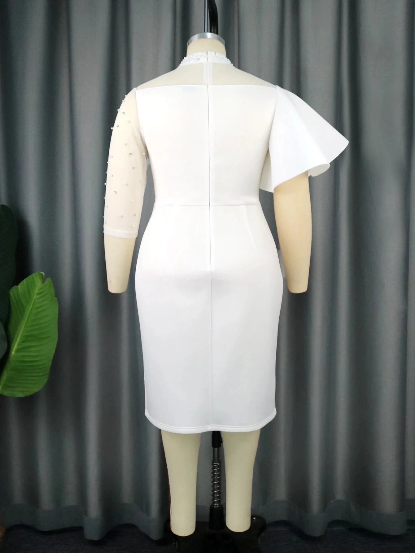 Plus size white peplum bodycon dress with beaded details, stylish women's party gown by SHOWLU FASHION STORE.