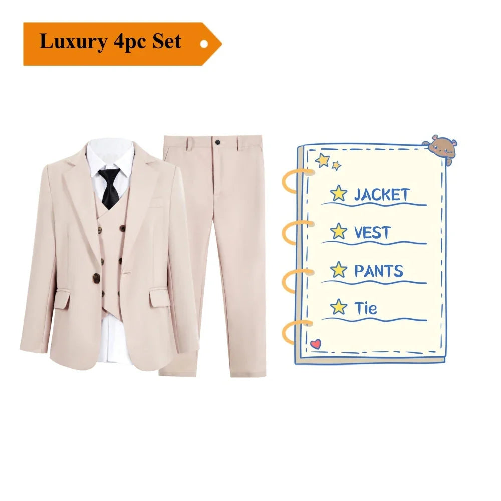 SHOWLU beige boys' 4-piece formal suit set with tuxedo jacket, shirt, pants, and vest, ideal for weddings and special occasions.