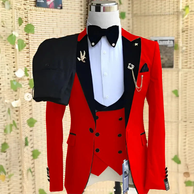 Beige formal men's 3-piece suit with peaked lapel, blazer, pants, and vest perfect for weddings, parties, and business events.