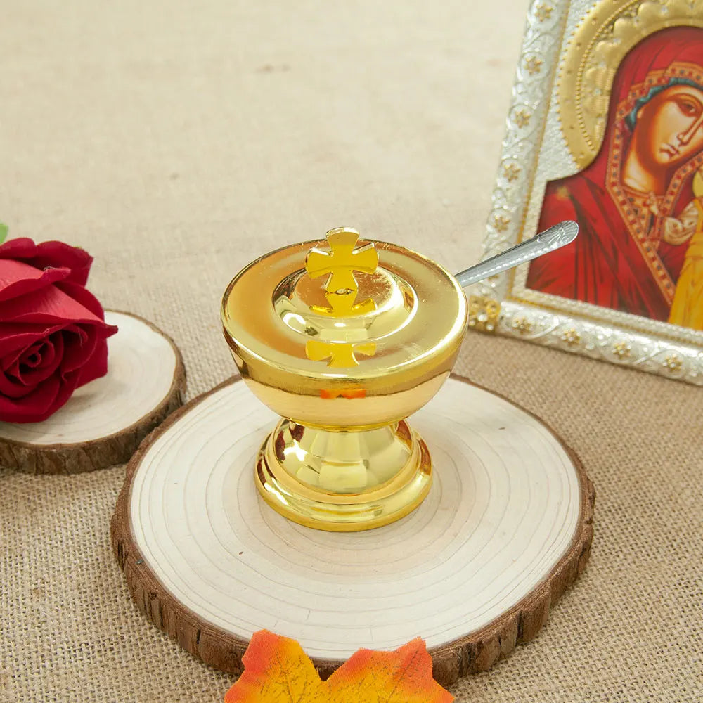Showlu Golden Zinc Alloy Communion Cup with Spoon for church mass, featuring a polished gold finish and elegant design.
