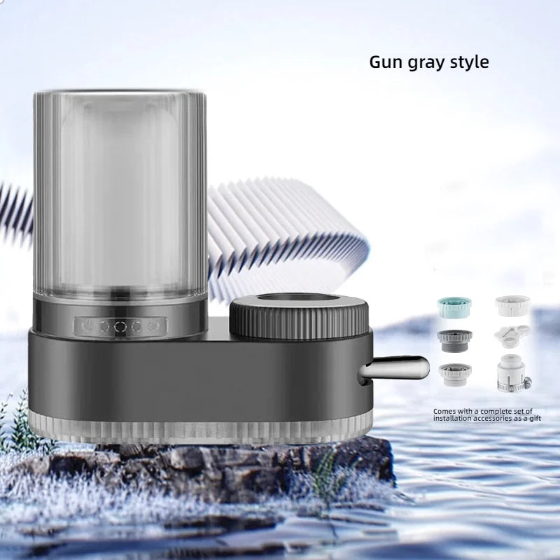 Showlu universal faucet water purifier with washable ceramic filter element, mounted on a kitchen faucet for clean drinking water.