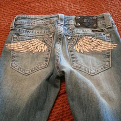 American Vintage Y2K Rhinestone Wing Embroidered Jeans Womens Blue Low Rise Flared Denim Pants with Studded Pockets Streetwear