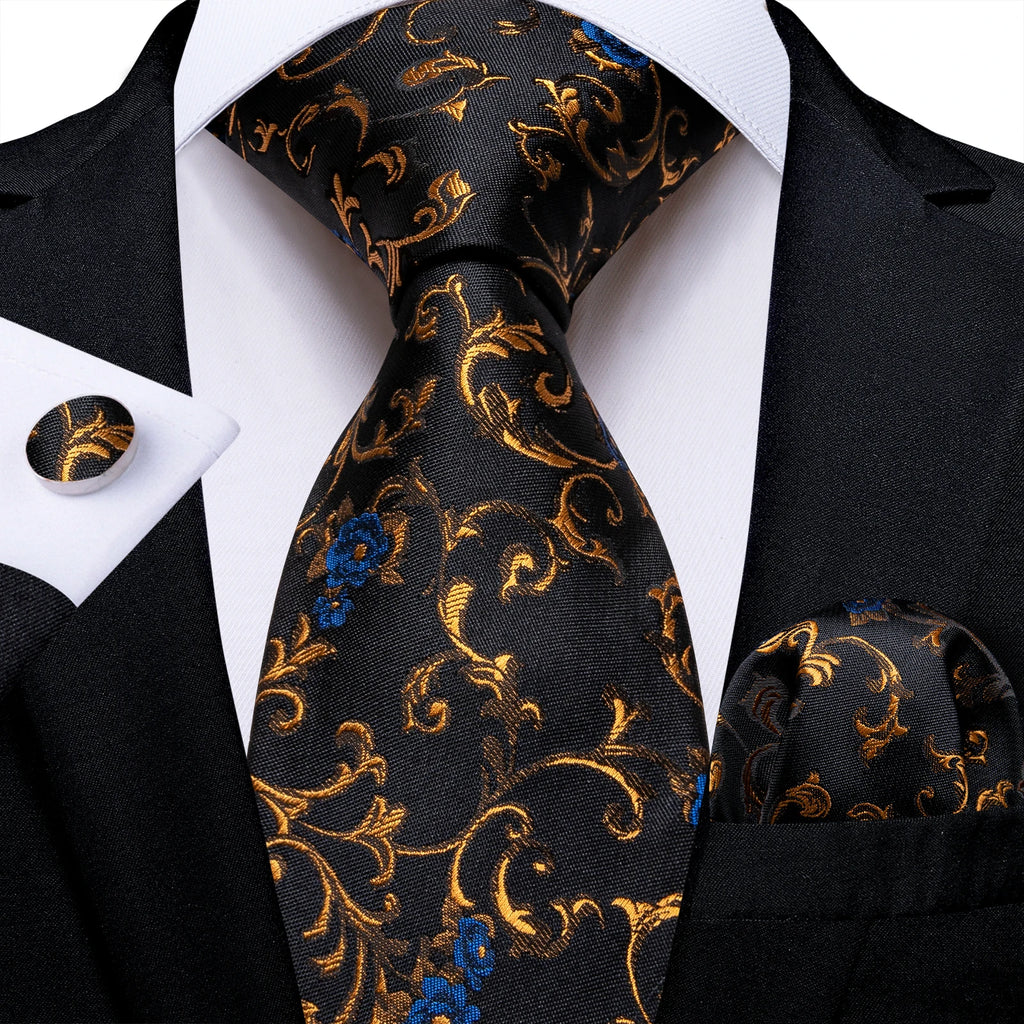 Gift Men Tie Luxury Gold Black Striped Paisley Silk Wedding Tie For Men DiBanGu Designer Hanky Cufflinks Fashion Tie Set