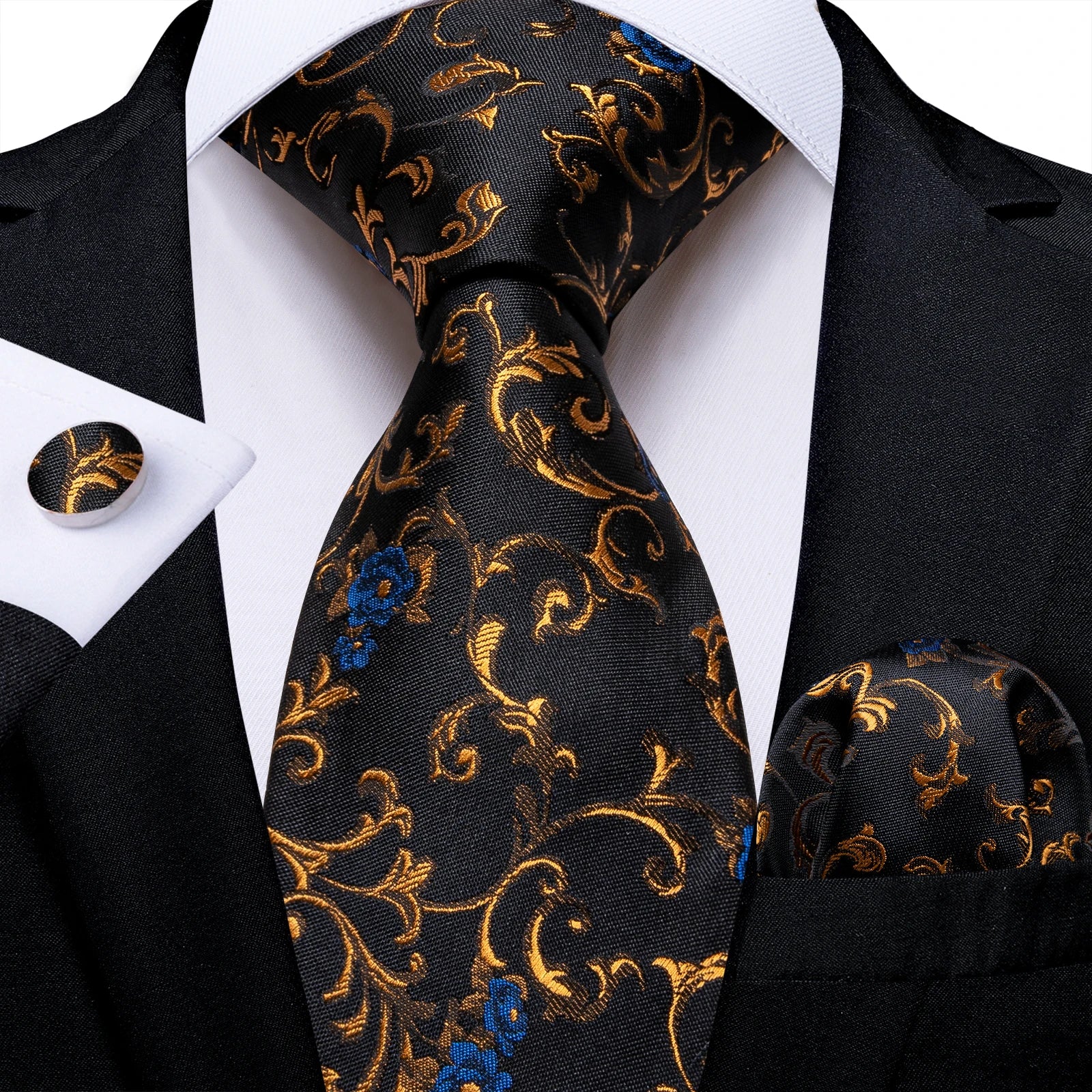 Gift Men Tie Luxury Gold Black Striped Paisley Silk Wedding Tie For Men DiBanGu Designer Hanky Cufflinks Fashion Tie Set