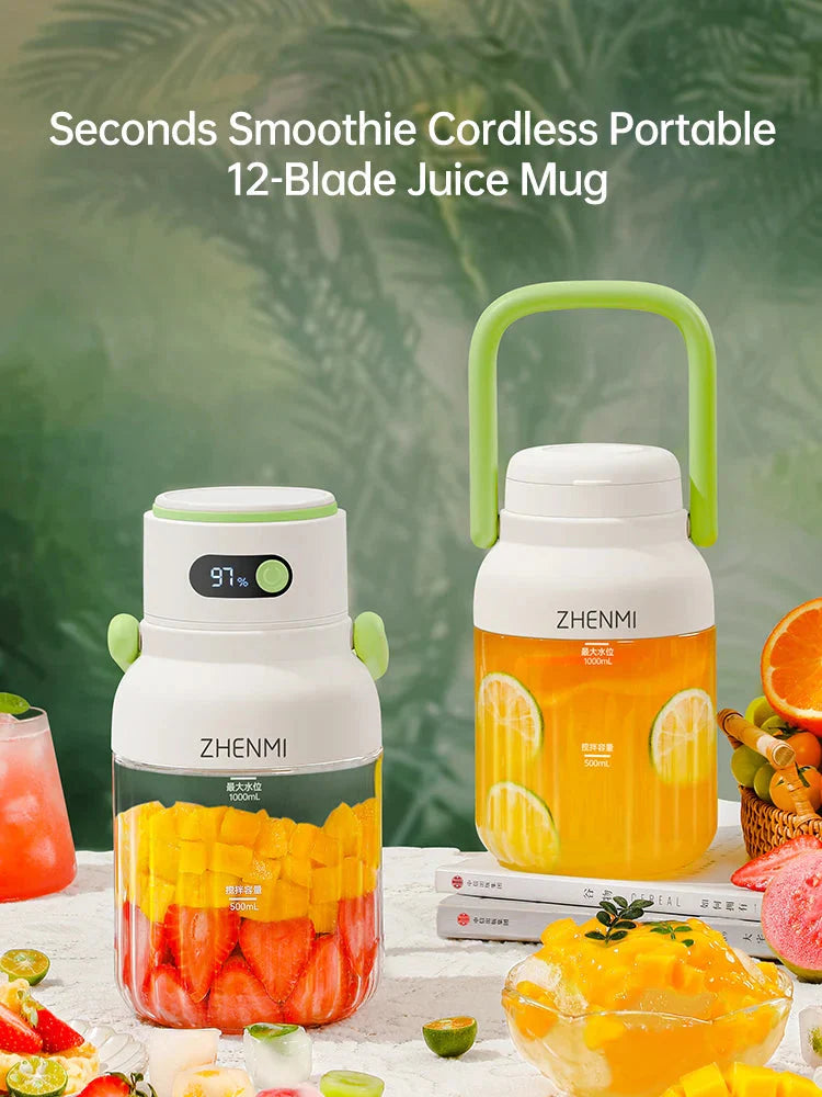 Wireless portable ZHENMI juicer cup with 1000ml capacity, compact blender for fresh juice on the go, showing the sleek design and lid.