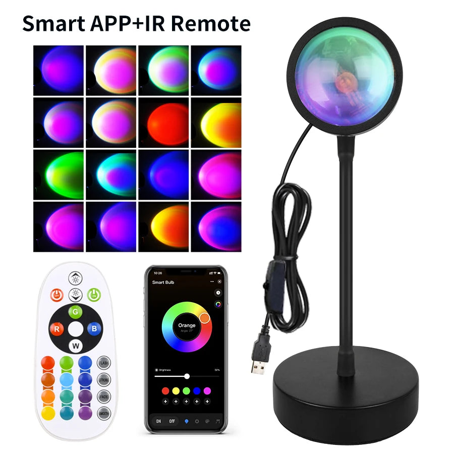 Smart Sunset Projection Lamp by Showlu Fashion Store casting warm sunset light patterns on a wall in a modern living room.
