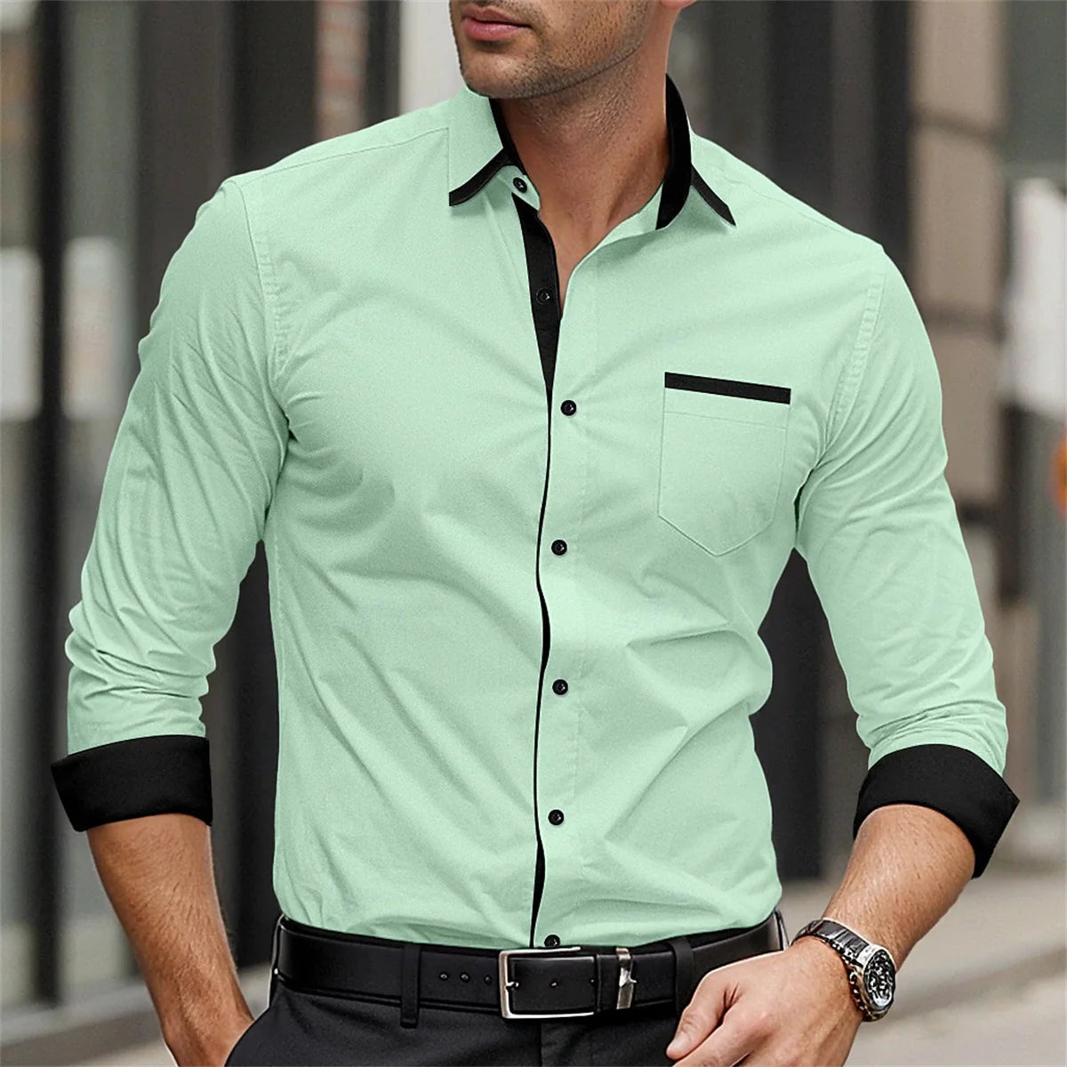 Men's formal long-sleeve button-up shirt by Showlu Fashion with solid color, lapel collar, suitable for weddings and daily wear