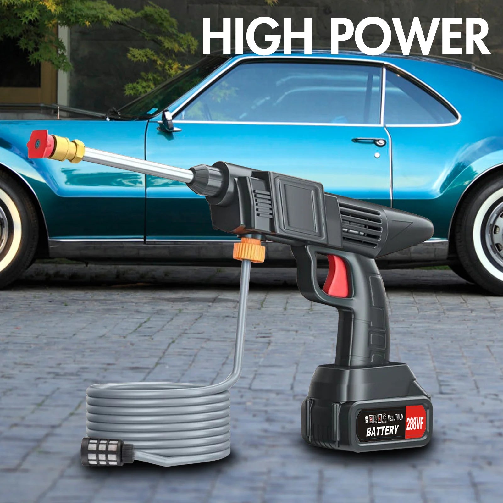 Showlu Smart General 48V cordless pressure washer with spray gun, hose, and accessories for outdoor cleaning tasks.