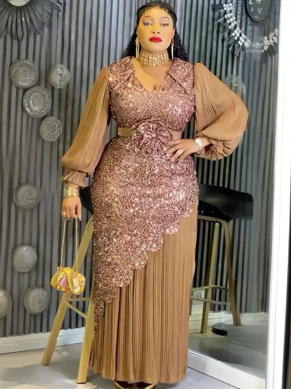 Plus size African dress for women featuring sequins, traditional dashiki Ankara fabric, long evening party gown by Showlu Fashion