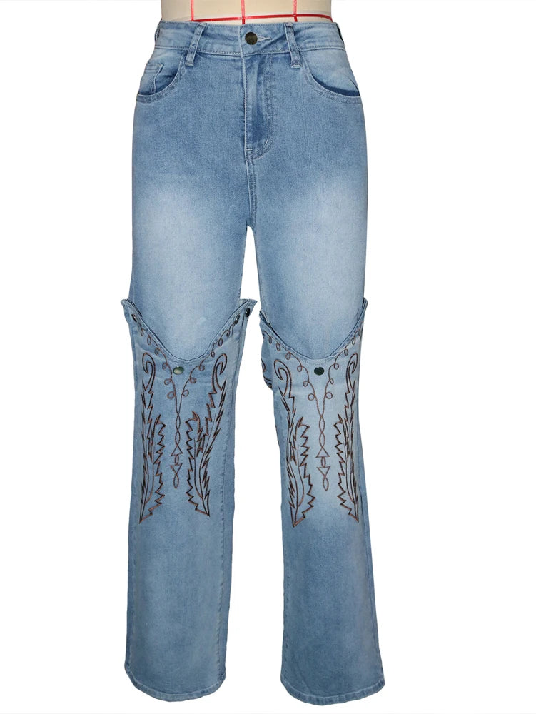 Vintage embroidery denim trousers for women, high waist straight leg jeans, casual summer fashion by Showlu Fashion Store