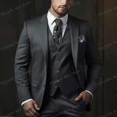 New Beige Business Suit Men Tuxedos Groom Groomsman Prom Wedding Party Formal 3 Piece Set Jacket Vest Pants