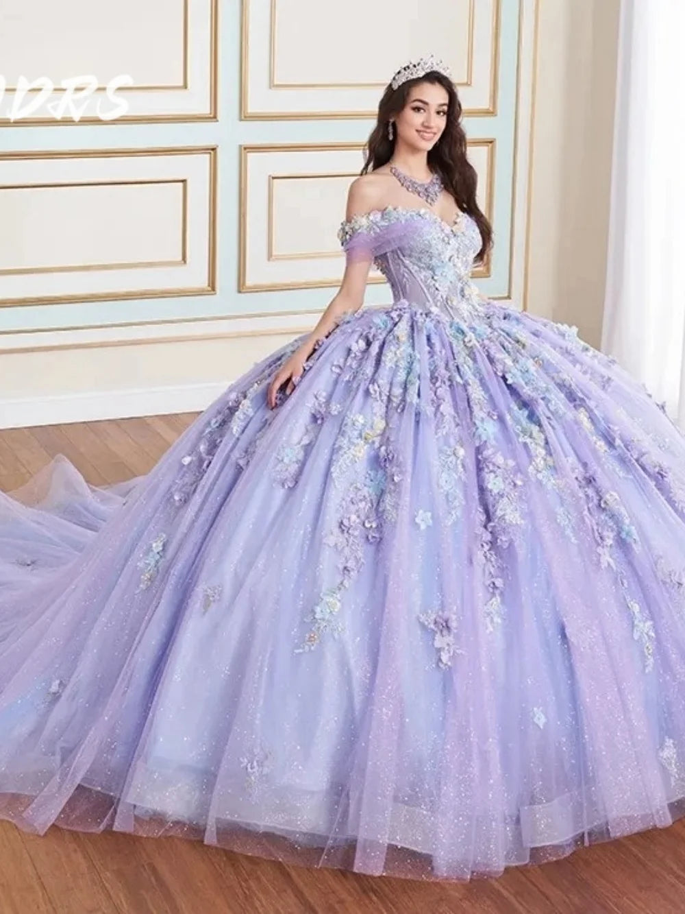 Showlu Fashion DMDRS 3D Flower Quinceanera Dress with off-shoulder tulle ball gown design for 2025 celebrations.