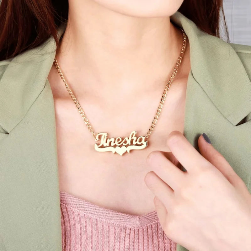 Double name plate necklace by Showlu Fashion, 3D stainless steel jewelry with custom engraved names, elegant and personalized jewelry piece.