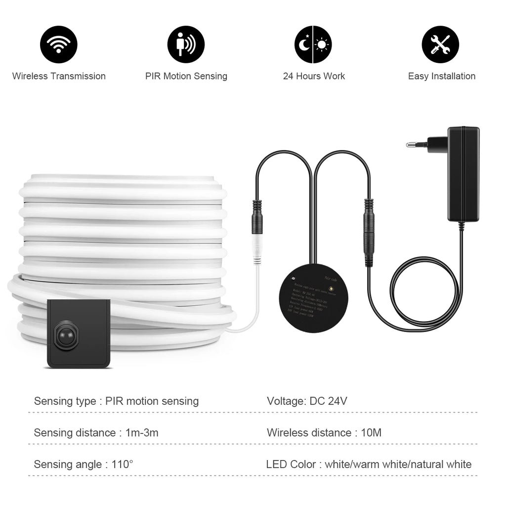 Showlu Smart COB Motion Sensor LED Strip Light Kit installed, showcasing flexible LED strips with motion detection for smart lighting.