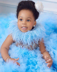 Gorgeou Flower Girls Dress Little Baby Girl Sky Blue Tulle Fluffy Applique for Party Kids Wedding Ball Birthday Evening Gowns