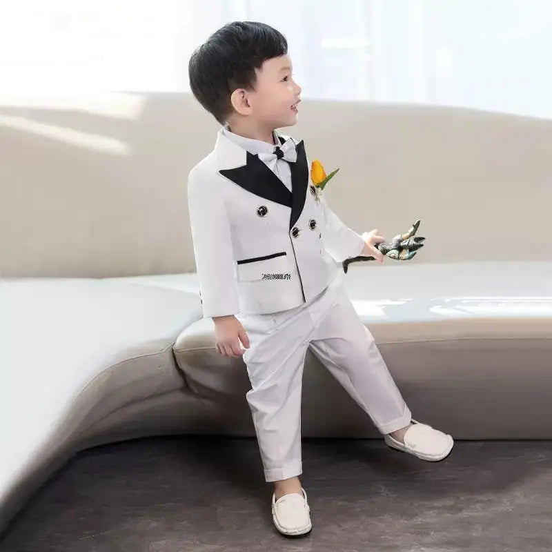 PsyMonster boys white wedding tuxedo suit with 2-piece jacket and pants, stylish formal attire for special occasions.
