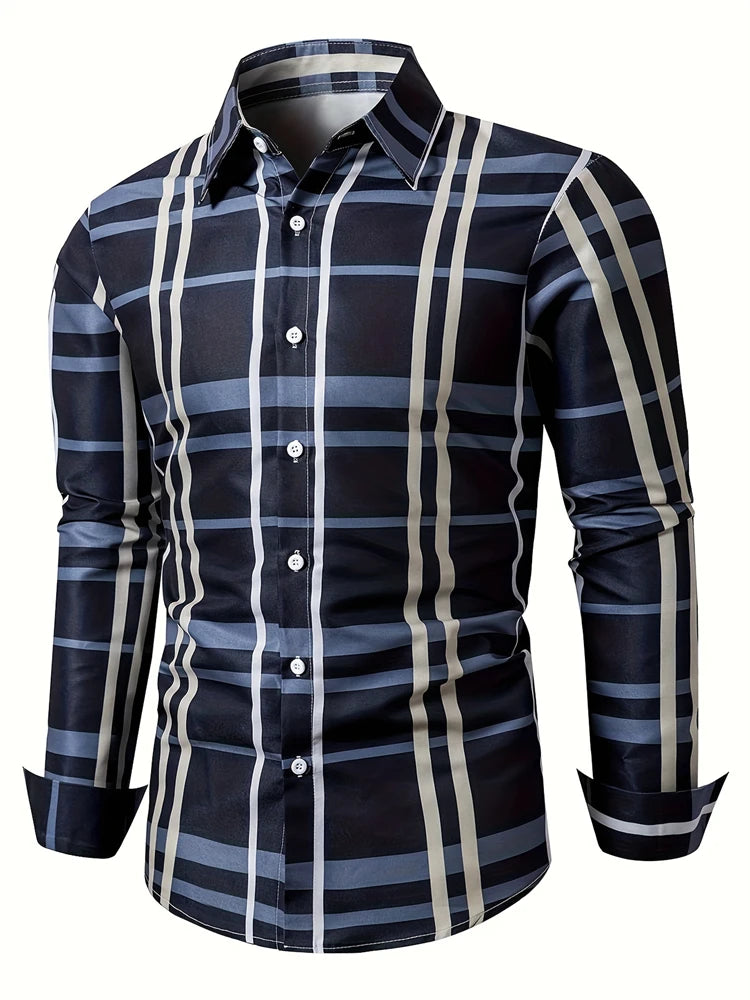 Men's long sleeve shirt with square stripe 3D print, casual animal pattern, button-down style, autumn fashion from Showlu Fashion.