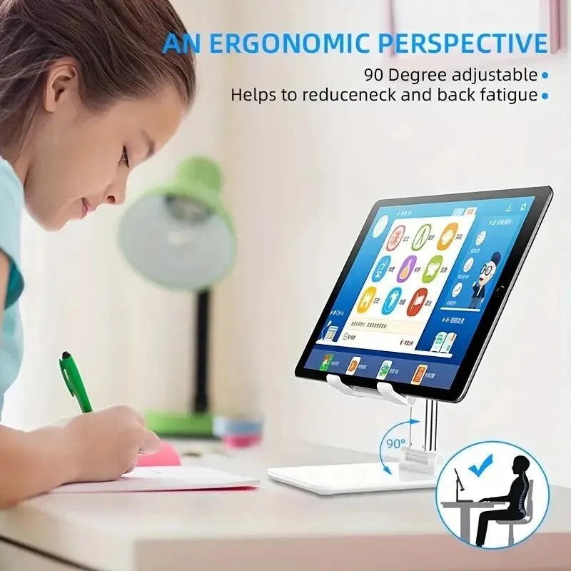 Flexible foldable mobile phone holder stand for tablets and phones, adjustable desktop mount with support for all device sizes.