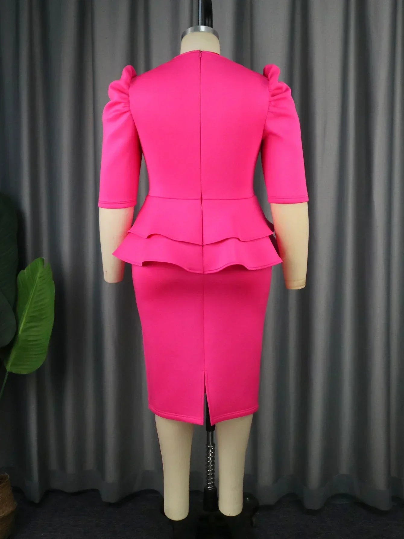 Elegant plus size church dress for women with ruffle peplum waist, V-neck sheath style, suitable for formal events and weddings.