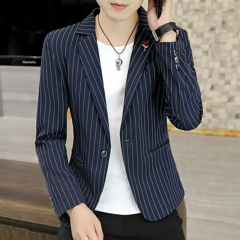 Shangkaka men's slim fit plaid blazer with striped pattern, casual Korean style jacket in black and white.