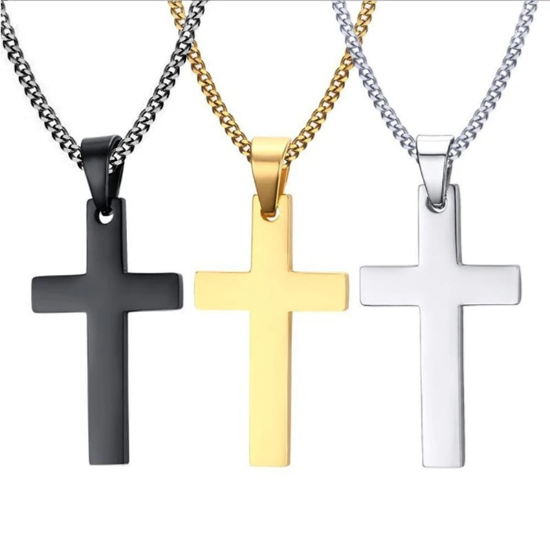 Showlu stainless steel cross pendant necklace with punk hip hop link chain, featuring a bold, stylish jewelry design.