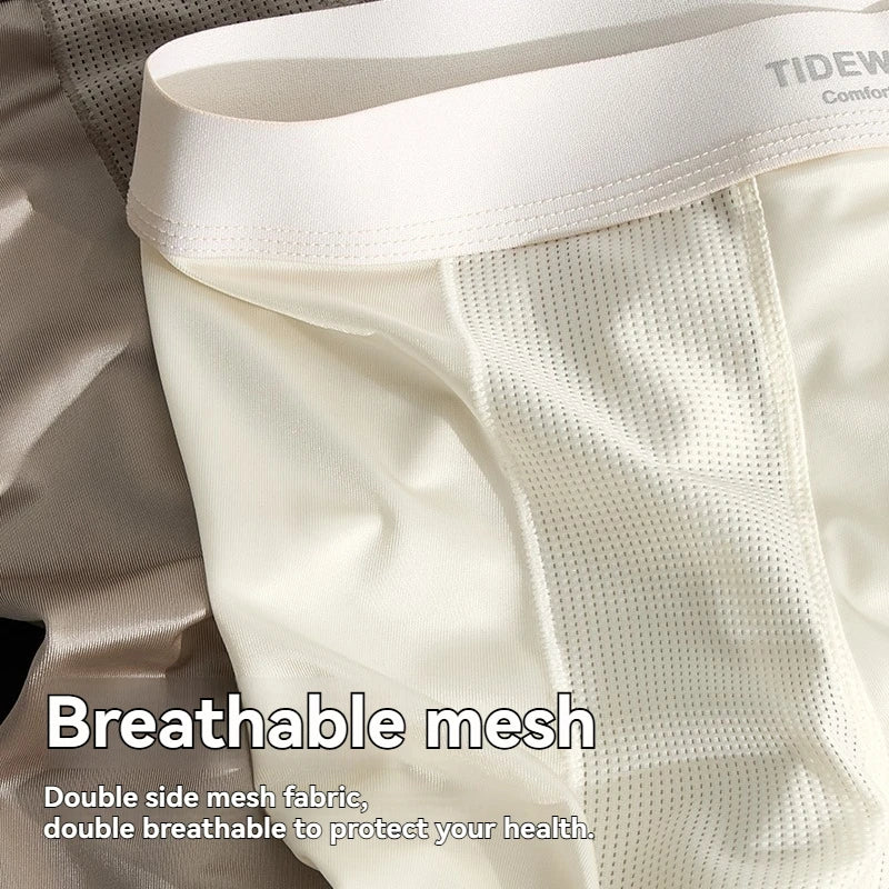 Luxury satin-like boxers for men, breathable, quick-dry ice silk underwear with high elasticity and antibacterial fabric.