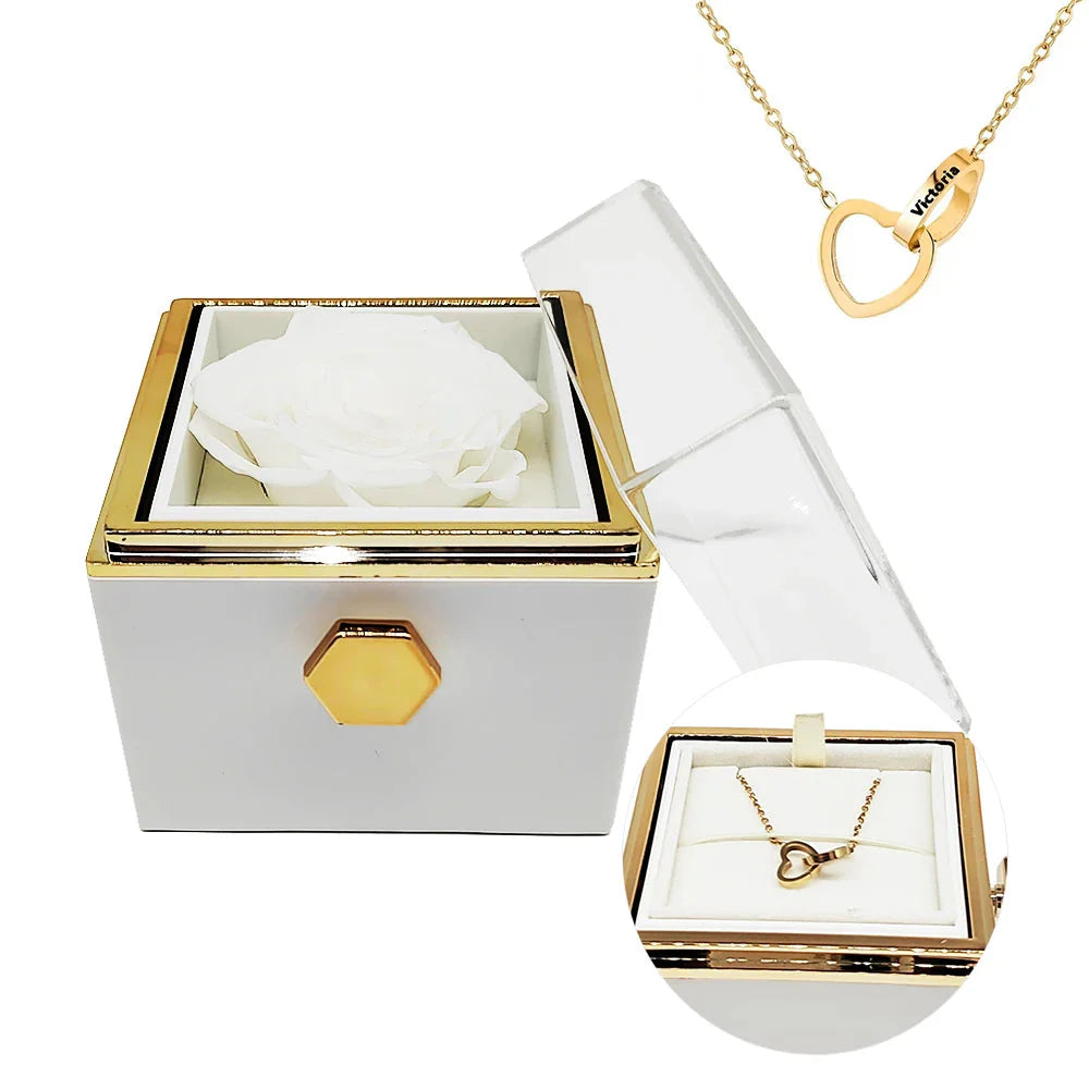 Engraved interlocking heart necklace and eternal rose box from Showlu Fashion, featuring a romantic jewelry and floral gift set.