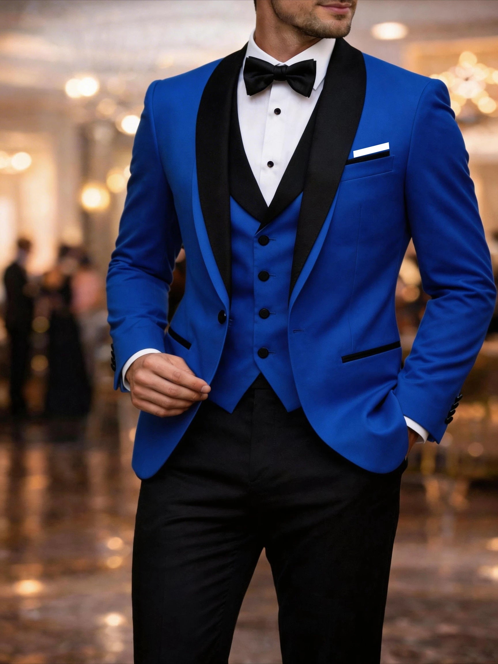 Men's black tuxedo suit set by Showlu Smart General, includes dinner jacket, trousers, and vest with shawl lapel for formal events