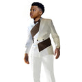 White satin boys suit set with double-breasted jacket and pants, slim fit tuxedo for boys aged 2-16 years, perfect for weddings.
