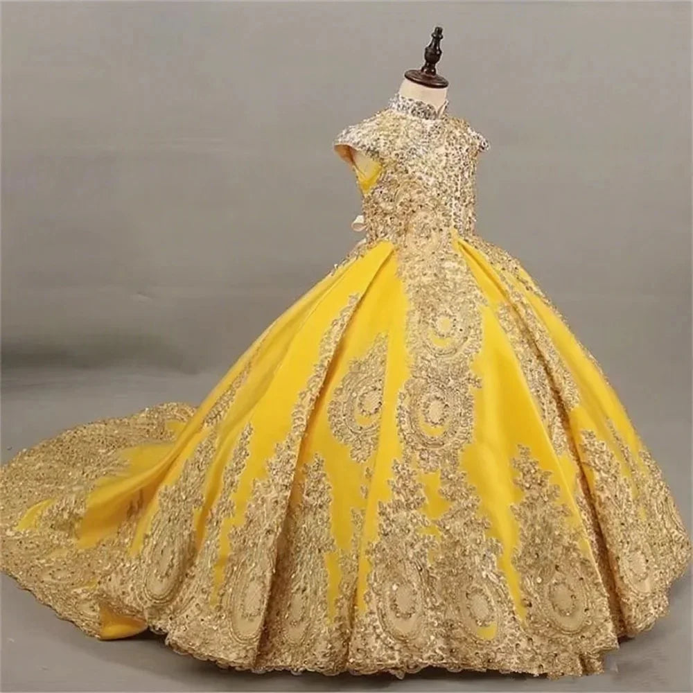 JDY girls' sleeveless ball gown with gold lace embroidery and long train, elegant princess dress for special occasions