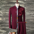 Men's slim fit 2-piece suit from Showlu Fashion featuring an embroidered stand collar blazer and matching pants.