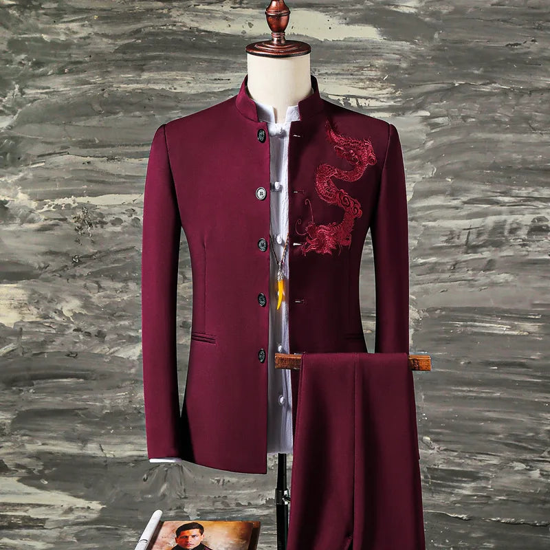 Men's slim fit 2-piece suit from Showlu Fashion featuring an embroidered stand collar blazer and matching pants.