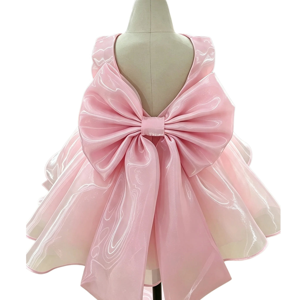 Baby Girl Satin Flower Girl Dress Low Back Thin Straps Bow Luxury Princess Gown Toddler 1st Birthday Baptism Wedding Party Dress