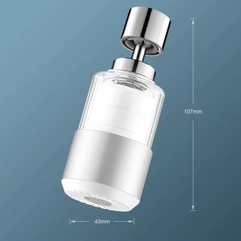 Showlu Universal Rotary Faucet Filter in brass and ABS with two gear settings, water purifier attached to a kitchen faucet.