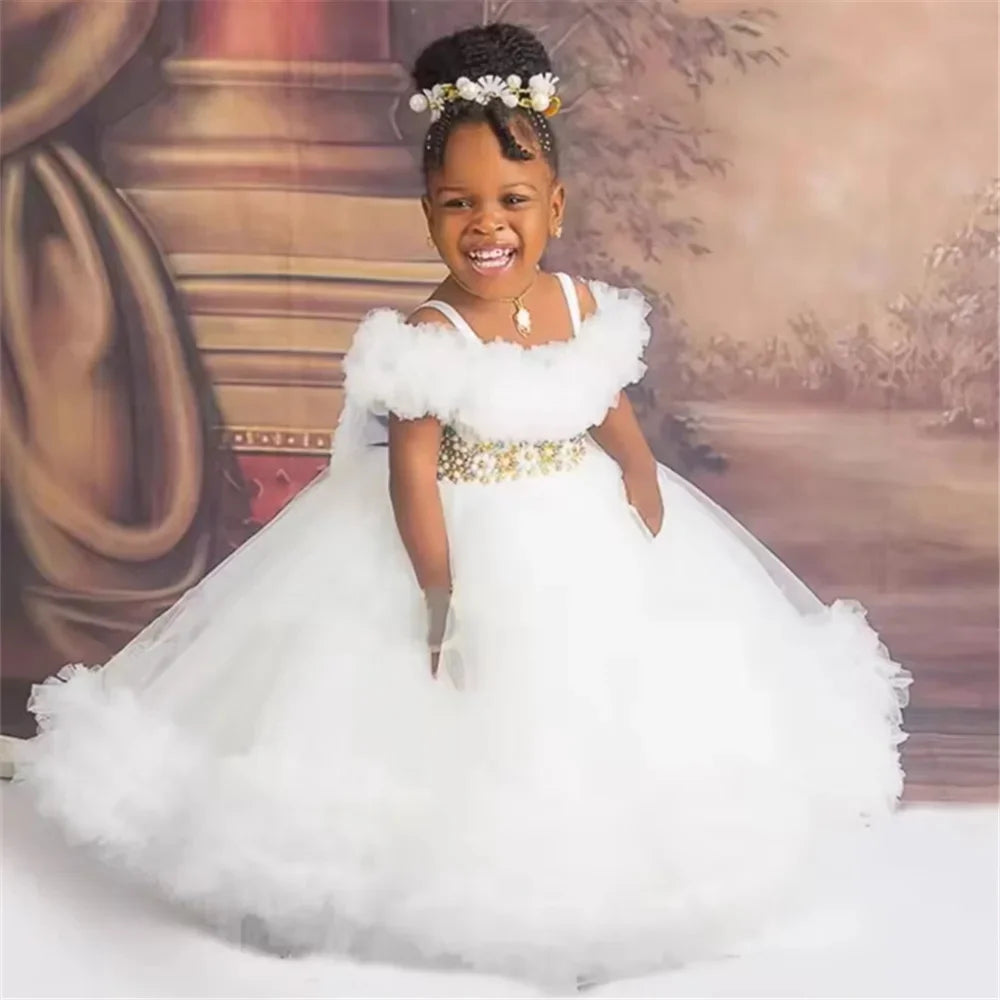 Lovely Pink Customized Flower Girl Dress For Wedding Sleeveless With Bow Beading Puffy Kids Birthday Party First Communion Gown