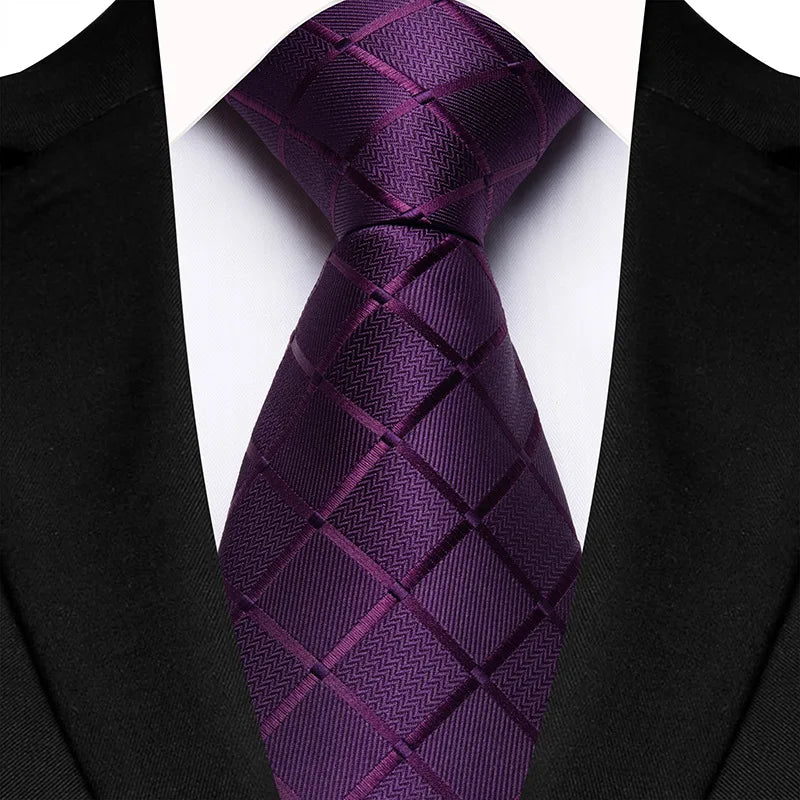 Purple men's necktie with floral plaid and stripe pattern, jacquard woven design for business, wedding, or formal occasions.