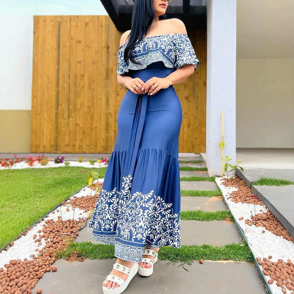 SHOWLU Women's off shoulder print slim maxi dress with elegant fall design, featuring a flowing silhouette and stylish pattern.