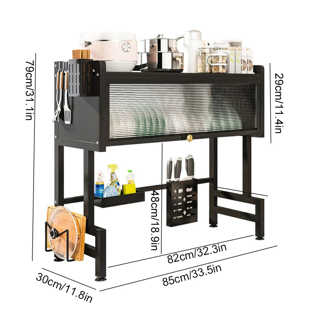 Steel over-the-sink dish drying rack with 3 tiers, cover, and holder for efficient kitchen organization.