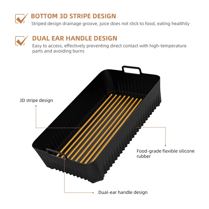 Silicone air fryer basket from Showlu Smart General with non-stick surface and vented design for even cooking.