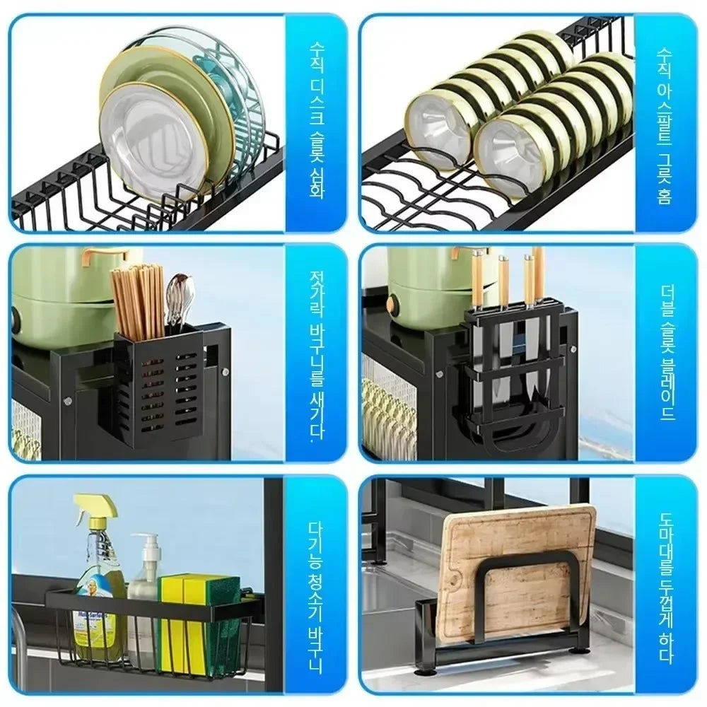 Showlu stainless steel over sink dish drying rack with scalable design, featuring multiple compartments for organized dish drying.