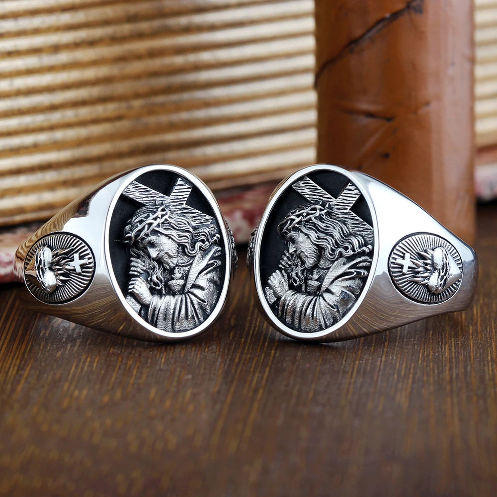 Sterling silver Jesus cross ring by Showlu Fashion Store, Christian religious jewelry with detailed religious design.