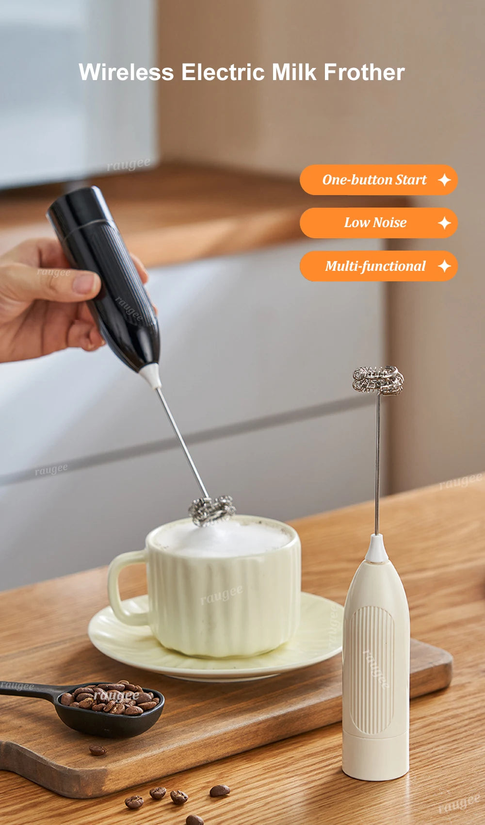 Showlu Smart General bcomfy handheld electric milk frother with stainless steel whisk for creamy froth and hot beverages.