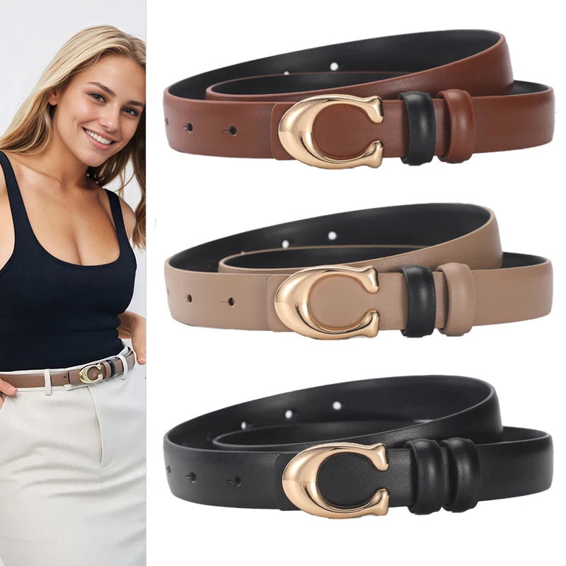 Women's Fashionable belt with C-shaped buckle, smooth design, double-sided style, ideal for stylish mothers.