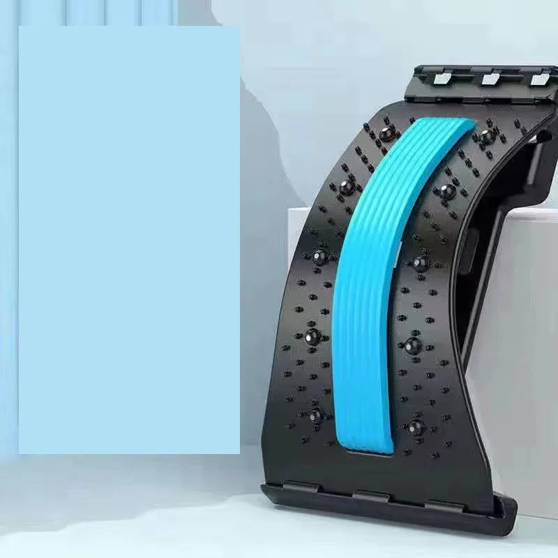 Magnetic lumbar support back stretcher and massager with back cracker design for lumbar pain relief and spinal alignment.