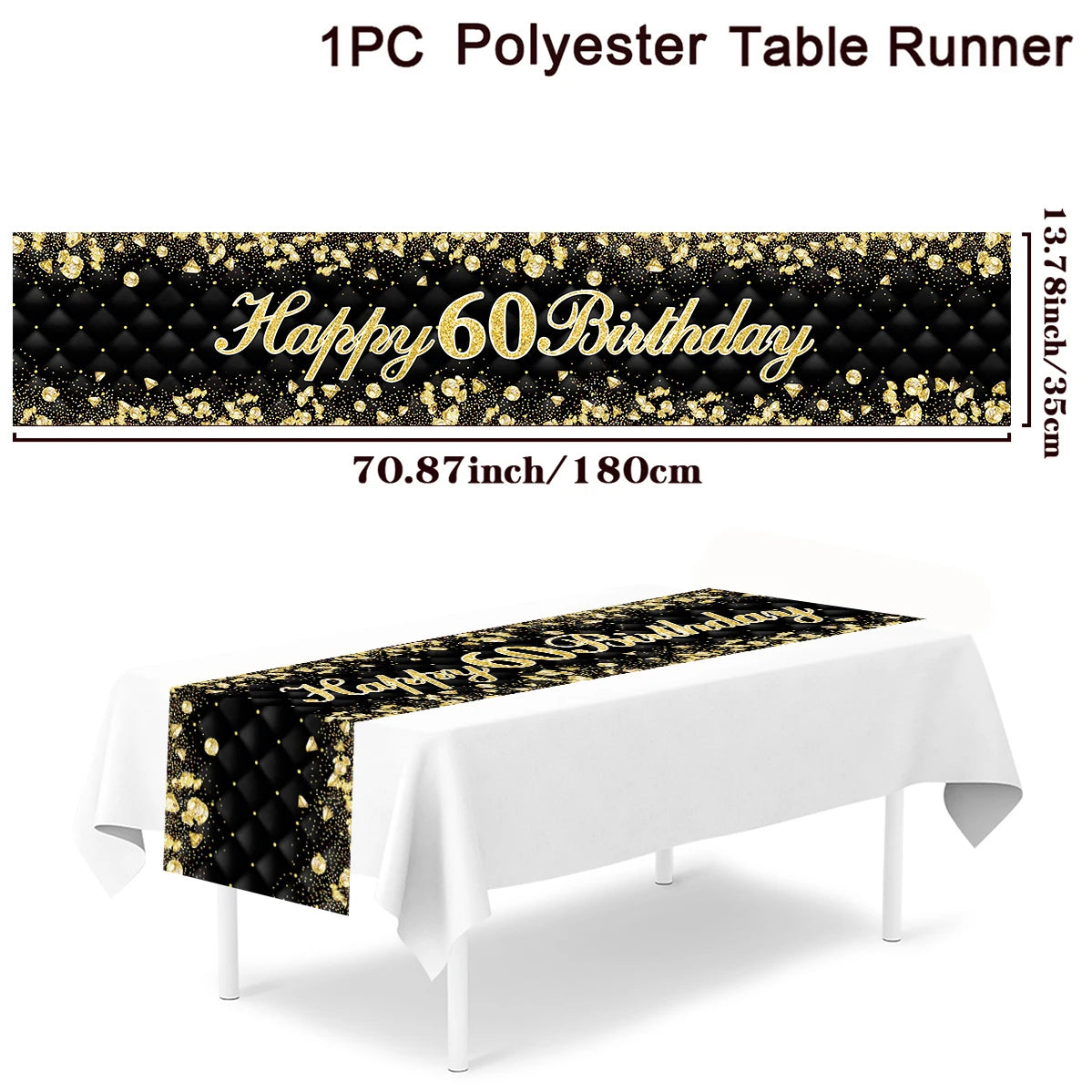 Black Gold birthday table runner and tablecloth from Showlu Fashion Store, ideal for adult anniversary and party decorations.