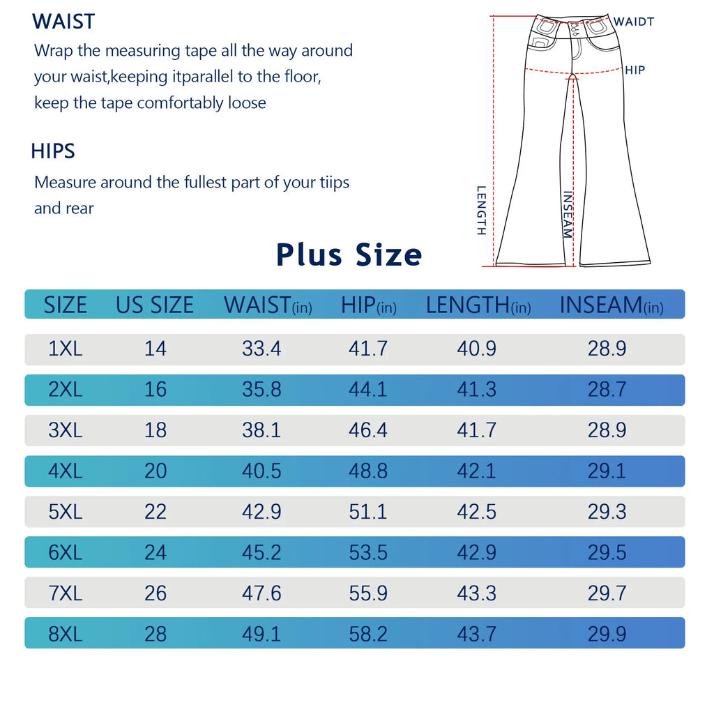 Plus-size dark blue high-waist embroidered jeans for women with slightly flared legs and American flag horsehoe embroidery.