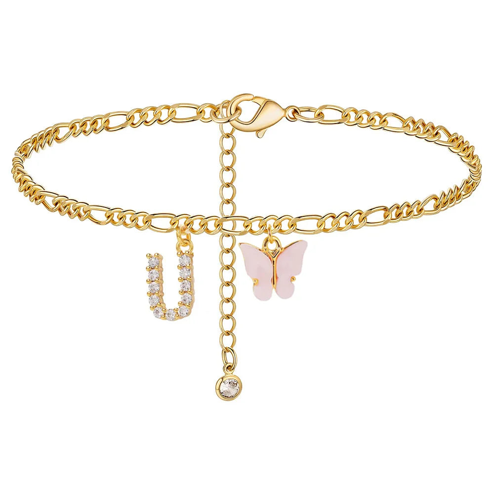 Stainless steel initial A-Z butterfly anklet for women and girls, waterproof leg chain jewelry, perfect for parties and gifts