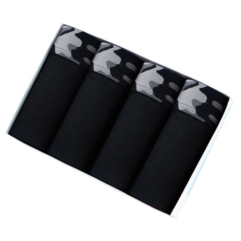 Showlu men's cotton boxer shorts in a 4-pack with camouflage print, featuring comfortable fabric and classic underwear design.