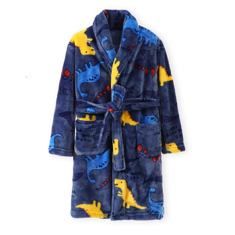 Childdkivy Kids flannel pajamas robe in cartoon design, soft and cozy bathrobe for children aged 4 to 16 years.